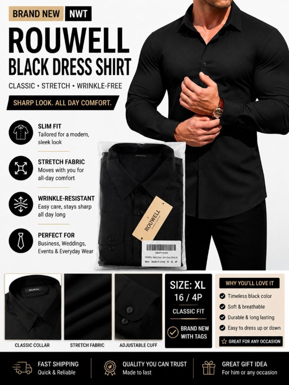 Men’s Black Dress Shirt XL NWT Slim Fit Stretch Wrinkle-Free Button Down Formal